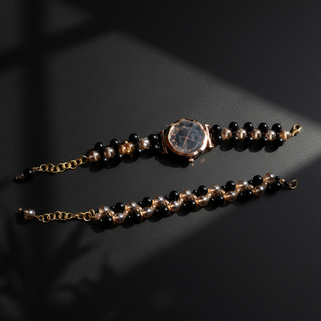 Black & Gold Pearl Watch Set