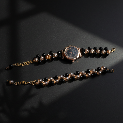 Black & Gold Pearl Watch Set