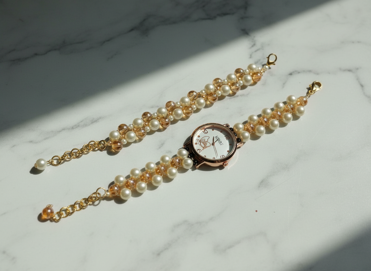 White & Gold Pearl Watch Set