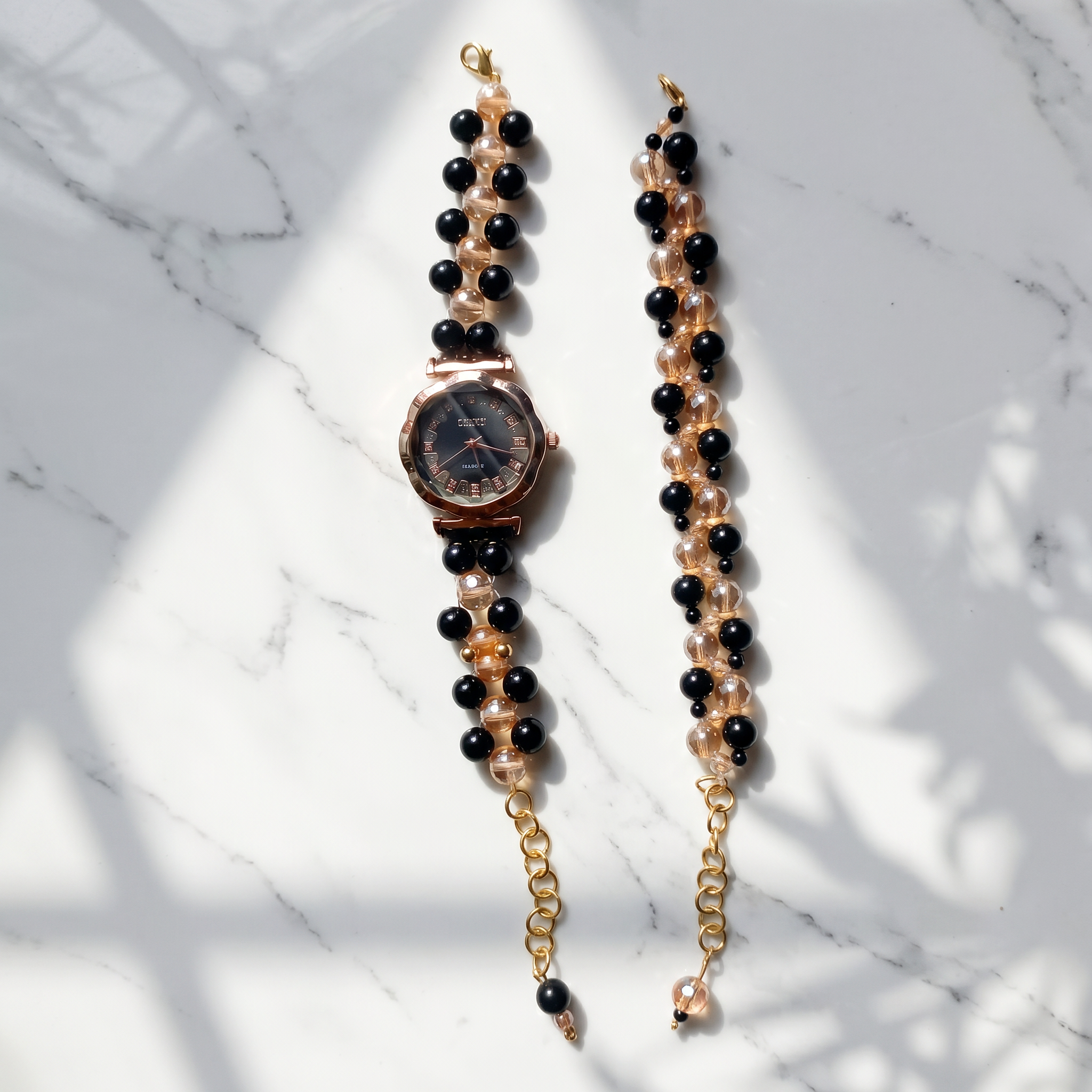 Black & Gold Pearl Watch Set